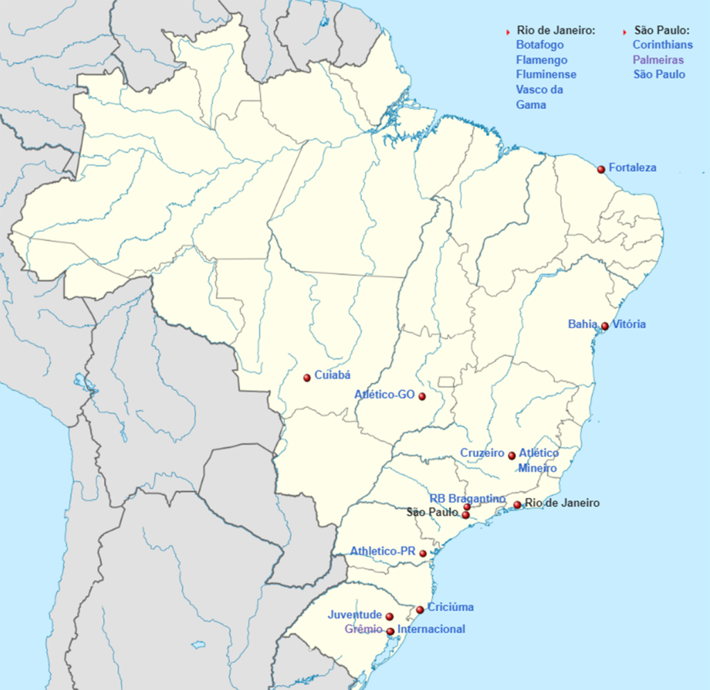 ブラジル　地図　サッカークラブ　本拠地